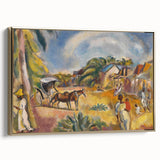 Modern Wall Art: Vibrant Landscape with Figures and Horse Carriage
