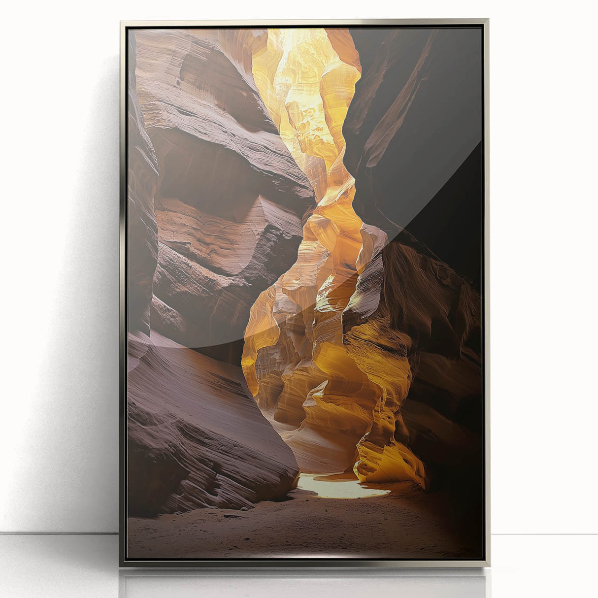 Framed acrylic artwork showcasing a stunning silver landscape with intricate cave formations, emphasizing modern design and elegance in home decor.