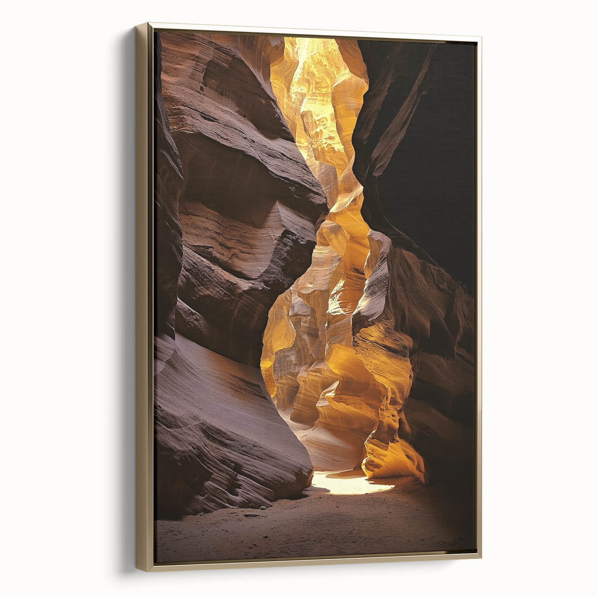 Framed canvas artwork showcasing a stunning cave landscape design with rich gold accents, perfect for enhancing home decor and adding elegance to any room.
