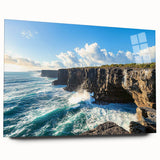 Acrylic glass artwork showcasing a stunning landscape with dramatic cliffs, vibrant colors, and intricate details, perfect for modern home decor.