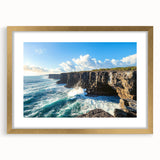 Framed landscape artwork showcasing dramatic cliffs with a gold matting, designed to enhance interior decor. Perfect for adding elegance to living spaces.