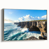 Framed canvas artwork depicting a dramatic cliff landscape with silver accents, showcasing vibrant colors and intricate details, ideal for modern home decor.