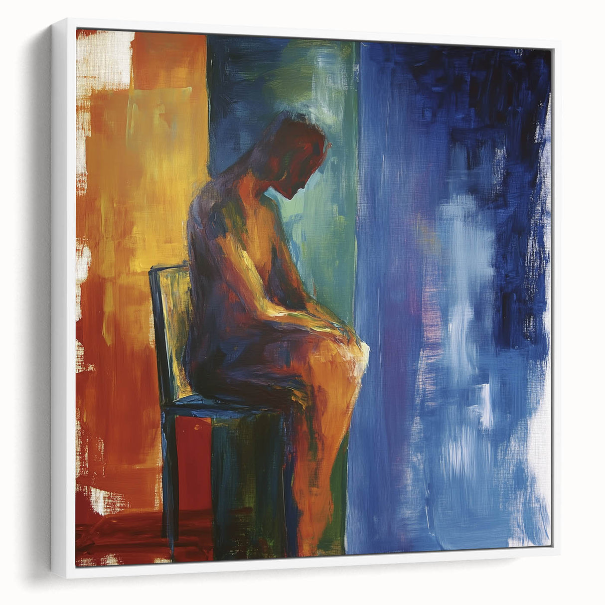 Abstract figurative framed canvas art showcasing a dynamic mix of colors and shapes, mounted in a sleek white frame, perfect for modern home decor.