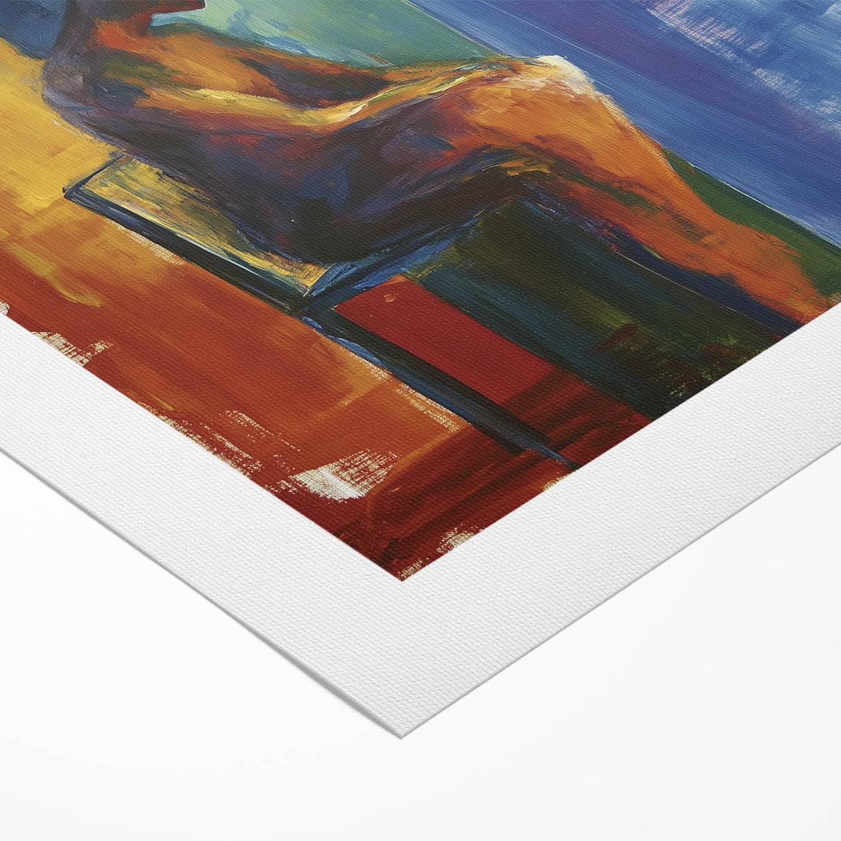 Abstract figurative art canvas showcasing vibrant colors and dynamic shapes, elegantly rolled and ready for display, ideal for modern home decor or artistic enhancement.