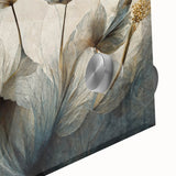 Close-up of vibrant abstract floral wall art design printed on acrylic glass, showcasing intricate details and vivid colors with a modern aesthetic.