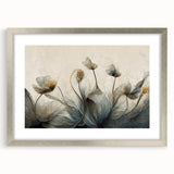 Abstract floral wall art framed in silver with a mat, showcasing vibrant colors and intricate designs, ideal for modern home decor and aesthetics.
