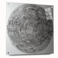 Abstract geometric acrylic glass design showcasing vibrant colors and intricate patterns, viewed from the side with visible pins, ideal for modern decor.