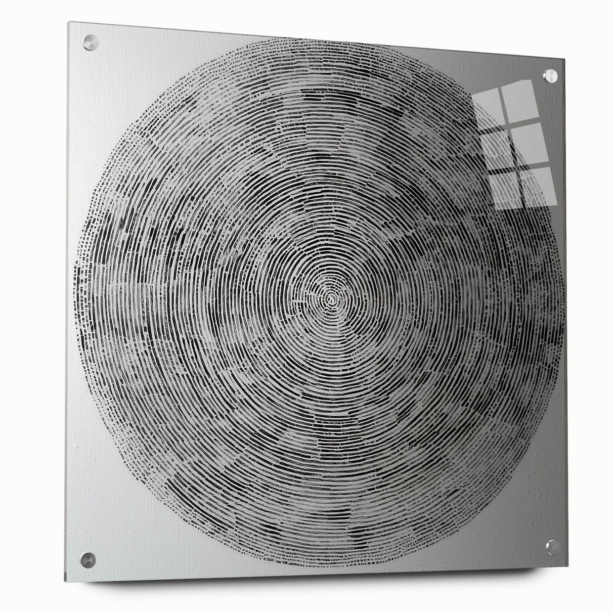 Abstract geometric acrylic glass design showcasing vibrant colors and intricate patterns, viewed from the side with visible pins, ideal for modern decor.