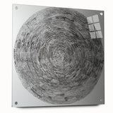 Abstract geometric acrylic glass design showcasing vibrant colors and intricate patterns, viewed from the side with visible pins, ideal for modern decor.