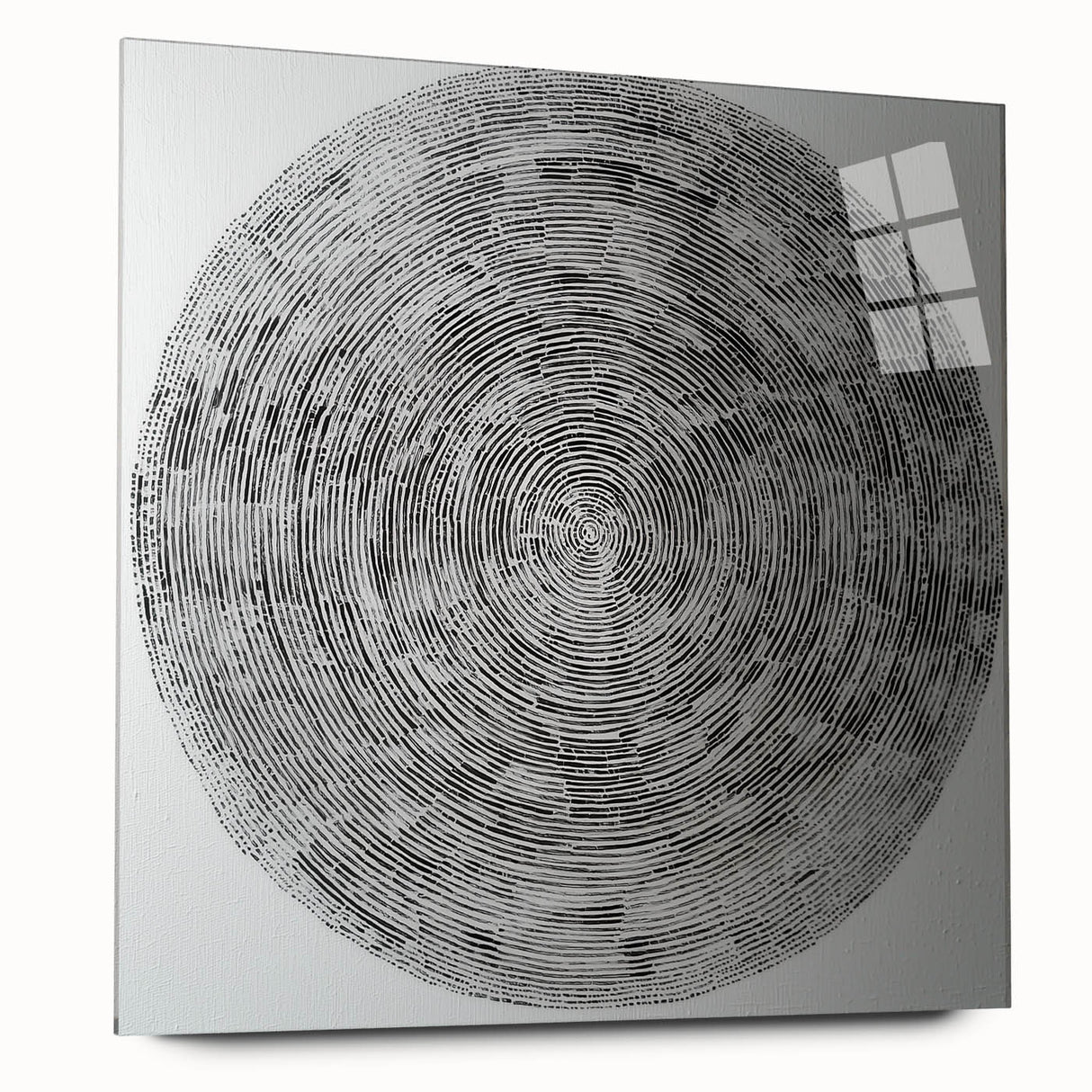 Abstract geometric acrylic glass artwork showcasing vibrant colors and intricate patterns, presented in a side view, emphasizing its modern design and artistic flair. Perfect for contemporary home decor or office spaces, enhancing aesthetics with a stylish touch.
