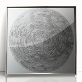 Framed acrylic artwork showcasing an abstract geometric design in silver, featuring intricate patterns and a modern aesthetic suitable for contemporary decor.