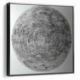 Abstract geometric framed canvas artwork showcasing a modern black and white design, perfect for contemporary home decor. The side view highlights its sleek frame and textured details, ideal for enhancing artistic spaces.