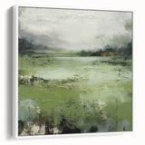Framed canvas wall art showcasing a vibrant abstract landscape design with hues of blue and green, set against a sleek white frame, perfect for modern decor.