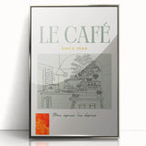 Mid-century modernist art deco poster featuring a stylized food and drinks motif in muted colors on a framed acrylic panel.