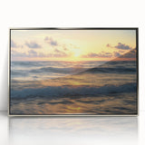 Framed acrylic artwork showcasing a serene beach landscape with soft waves and a blue sky, featuring silver accents for a modern touch. Perfect for coastal home decor.