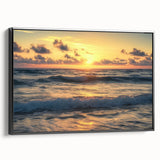 Framed canvas artwork depicting a serene beach landscape with vibrant blue skies and soft sands, showcasing a sleek black frame that enhances its coastal beauty. Ideal for home decor or beach-themed interiors.