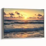 Framed canvas artwork of a serene beach landscape featuring soft pastel colors and silver frame, perfect for enhancing modern home decor.