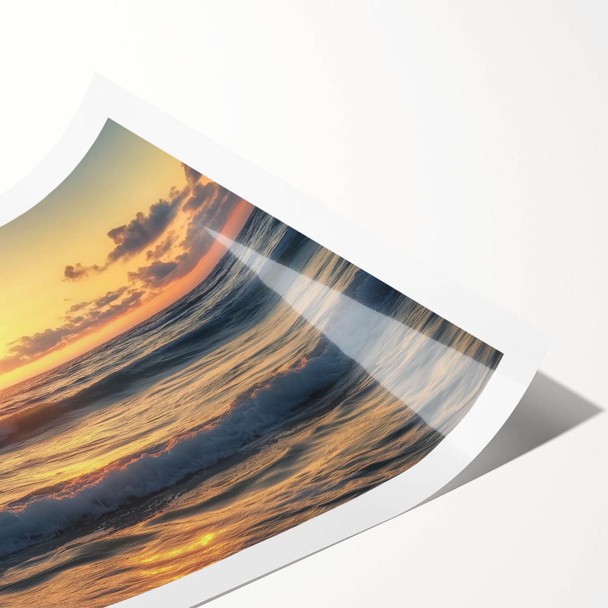 Rolled landscape print showcasing a serene beach scene with soft waves and vibrant sunset colors, elegantly packaged in a protective cardboard tube for safekeeping. This artwork enhances any coastal-themed decor, evoking tranquility and natural beauty.