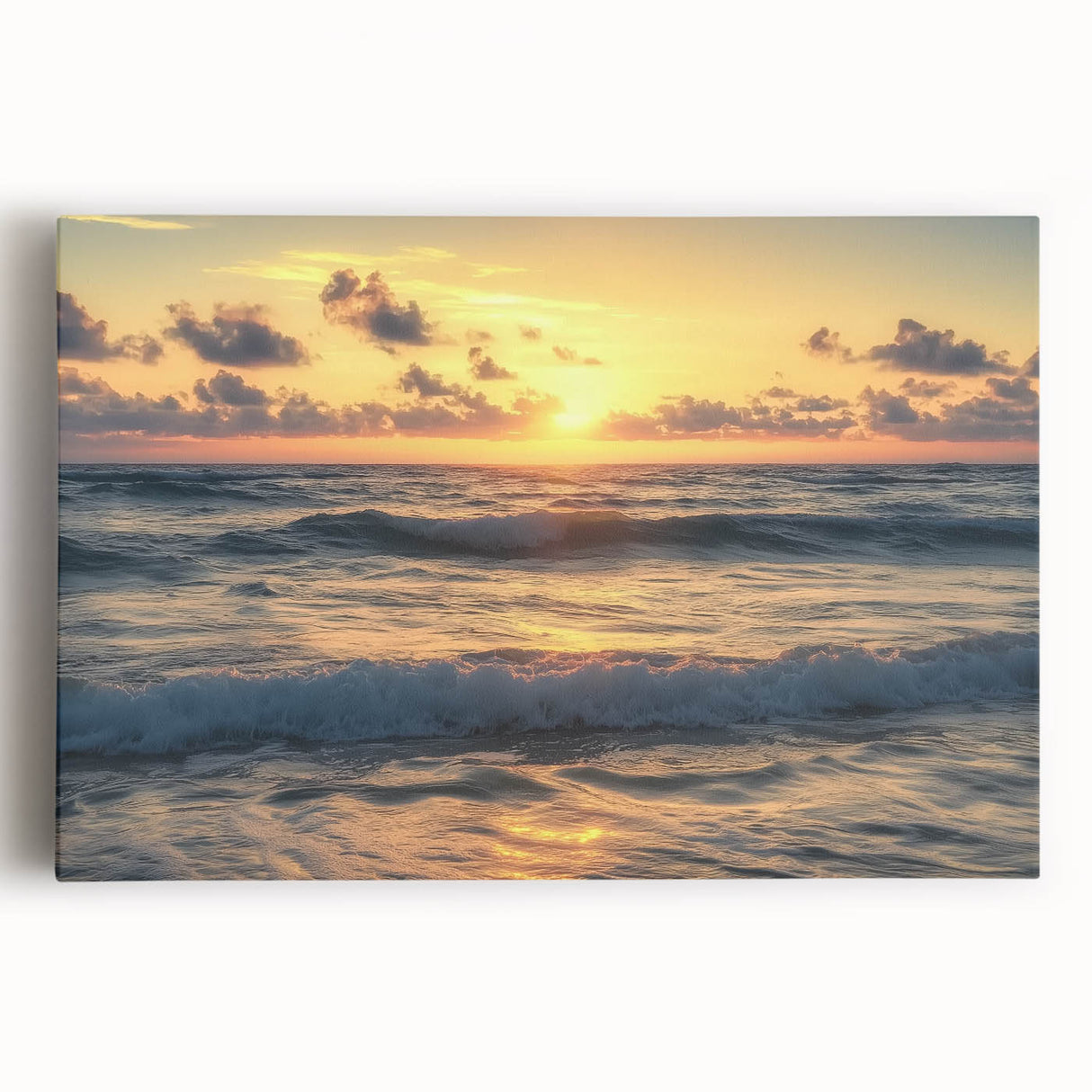Stretched canvas artwork depicting a serene beach landscape with soft pastel colors, ideal for home decor and coastal-themed interiors, enhancing tranquility.