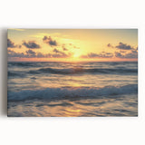 Stretched canvas artwork depicting a serene beach landscape with soft pastel colors, ideal for home decor and coastal-themed interiors, enhancing tranquility.