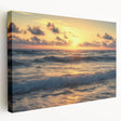 Stretched canvas depicting a serene beach landscape with soft waves and vibrant sunset hues, showcasing intricate details and a side view for depth. Perfect for coastal home decor.