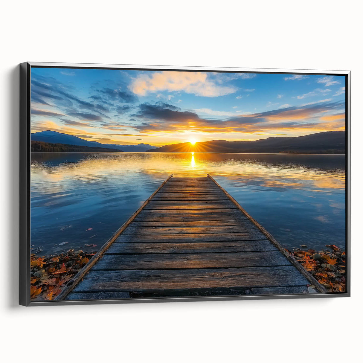 Framed canvas artwork depicting a landscape bridge, featuring rich colors and intricate details, displayed from a side view with a sleek black frame, ideal for modern decor.