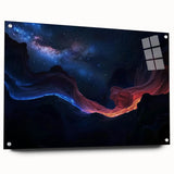 Acrylic glass artwork depicting a stunning landscape of canyons, showcasing vibrant colors and intricate details. Perfect for modern home decor, this piece is displayed with stylish pins against a neutral backdrop.