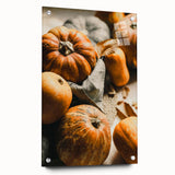 Large abstract wall art depicting autumnal trees in warm orange tones, printed on acrylic glass.