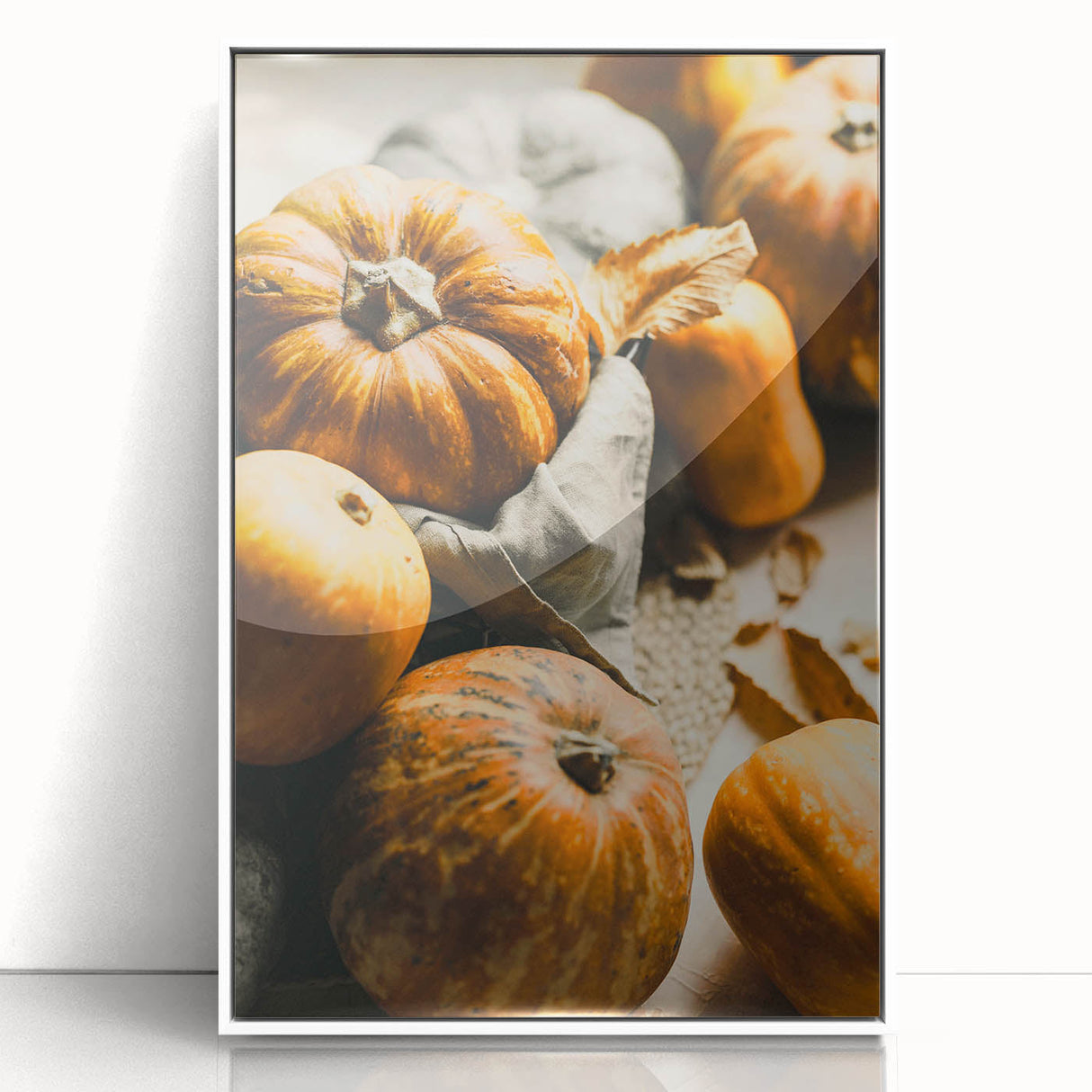 Art deco poster featuring a modern art wall decor with a fall theme, muted orange and brown tones on white acrylic frame.