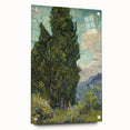 Acrylic print of a Van Gogh-inspired abstract in blue and yellow tones, suitable for bedroom or dining room decor.