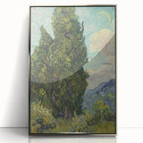 Large art print of Van Gogh's Starry Night in a silver frame, featuring vibrant blue and yellow swirls.