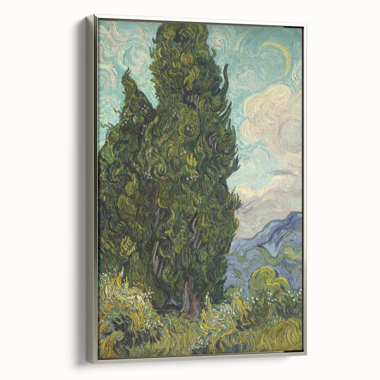 Framed canvas featuring a Vincent van Gogh landscape painting with vibrant colors.