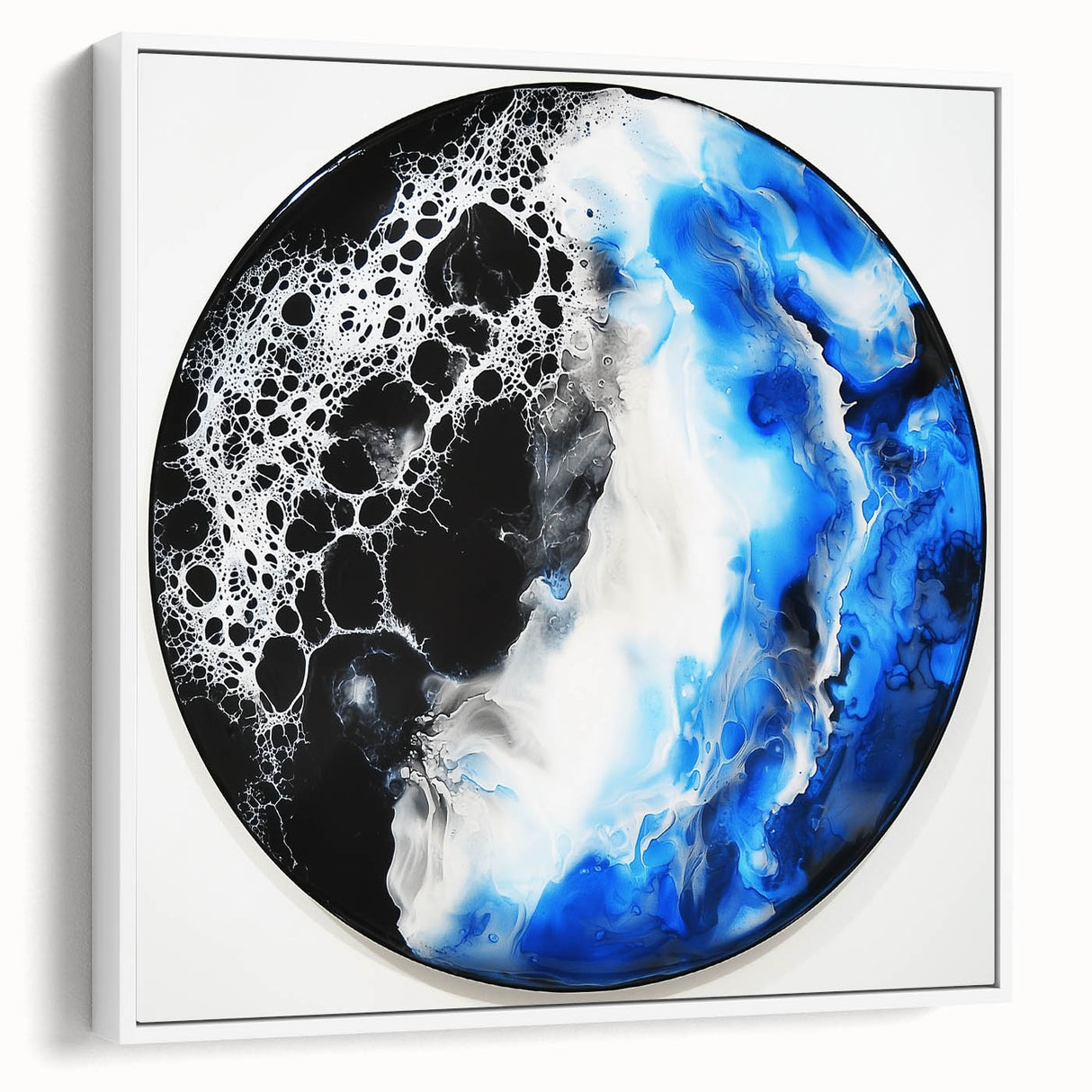 Framed abstract geometric canvas art in white, showcasing intricate patterns and textures, ideal for modern decor. Side view highlights its elegant design and sturdy frame. Perfect for enhancing contemporary interiors.