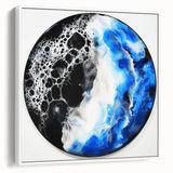 Framed abstract geometric canvas art in white, showcasing intricate patterns and textures, ideal for modern decor. Side view highlights its elegant design and sturdy frame. Perfect for enhancing contemporary interiors.