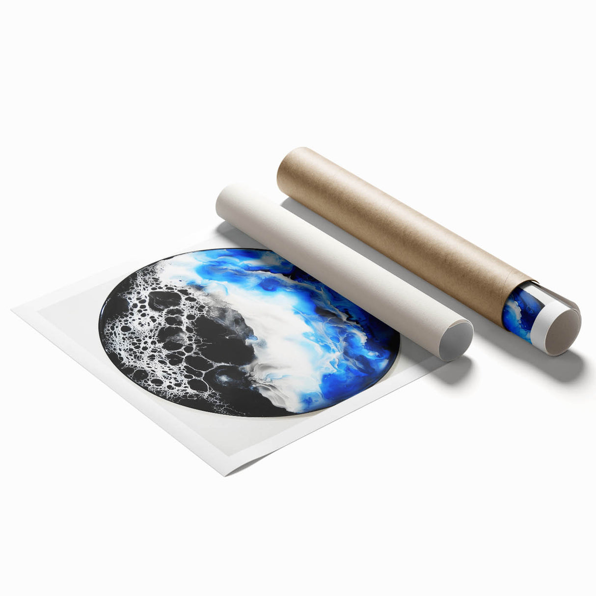 Abstract geometric rolled print showcasing vibrant colors and intricate patterns, elegantly packaged in a durable cardboard tube for easy display and protection. This eye-catching artwork adds a modern touch to any interior decor.