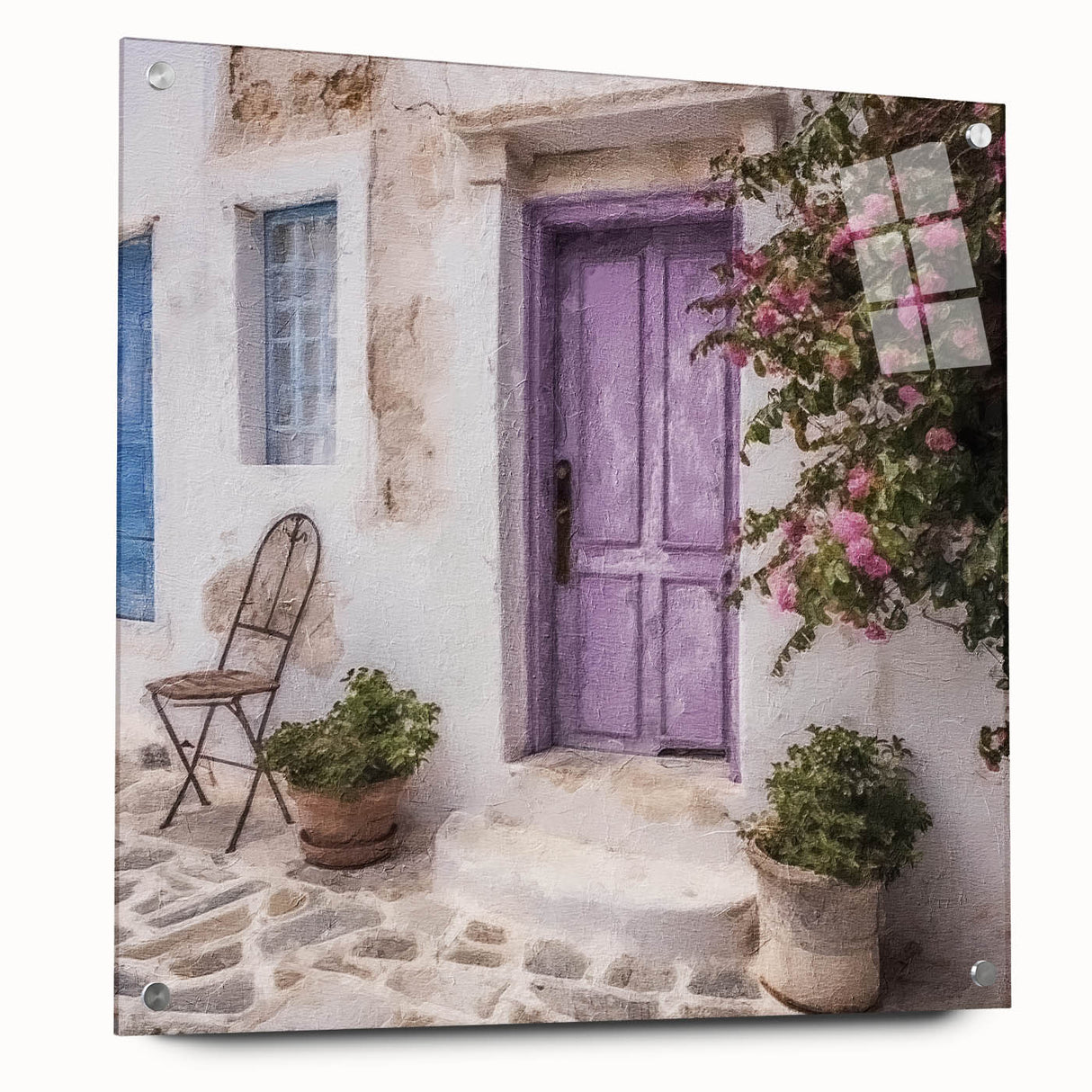 Acrylic print of a large abstract depiction of a Greek door in beige and white tones.