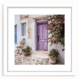 Abstract art print of a Greek door in muted beige and white tones, framed with a white mat, ideal for dining room decor.