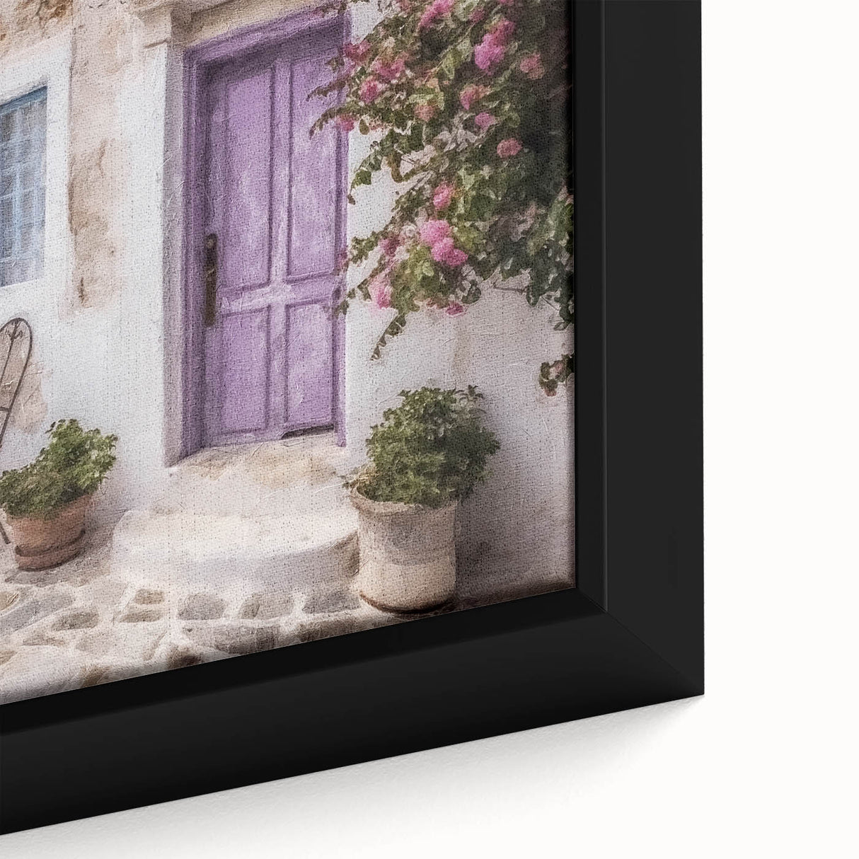 Close-up of a black framed canvas featuring a textured Greek door design in vibrant colors, ideal for living room decor.