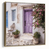 Framed canvas featuring a Greek door in silver and gold tones, ideal for bedroom wall decor.