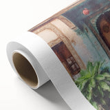 Art deco poster of an ornate Indian door in vibrant orange and teal tones on rolled canvas, ideal for nursery wall art.