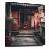 Acrylic glass print of a large abstract design featuring a Japanese door in muted earth tones.