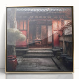 Mid-century modernist Japanese door design in gold tones on a framed acrylic, suitable for modern art wall decor.