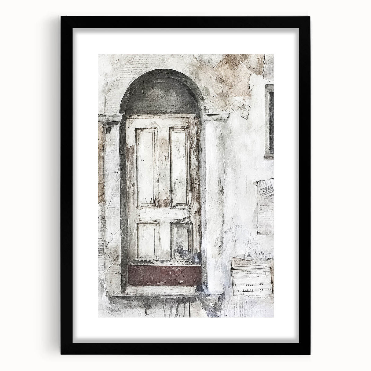 Extra large abstract art print featuring a colorful, textured depiction of a rustic Italian door, framed in black.