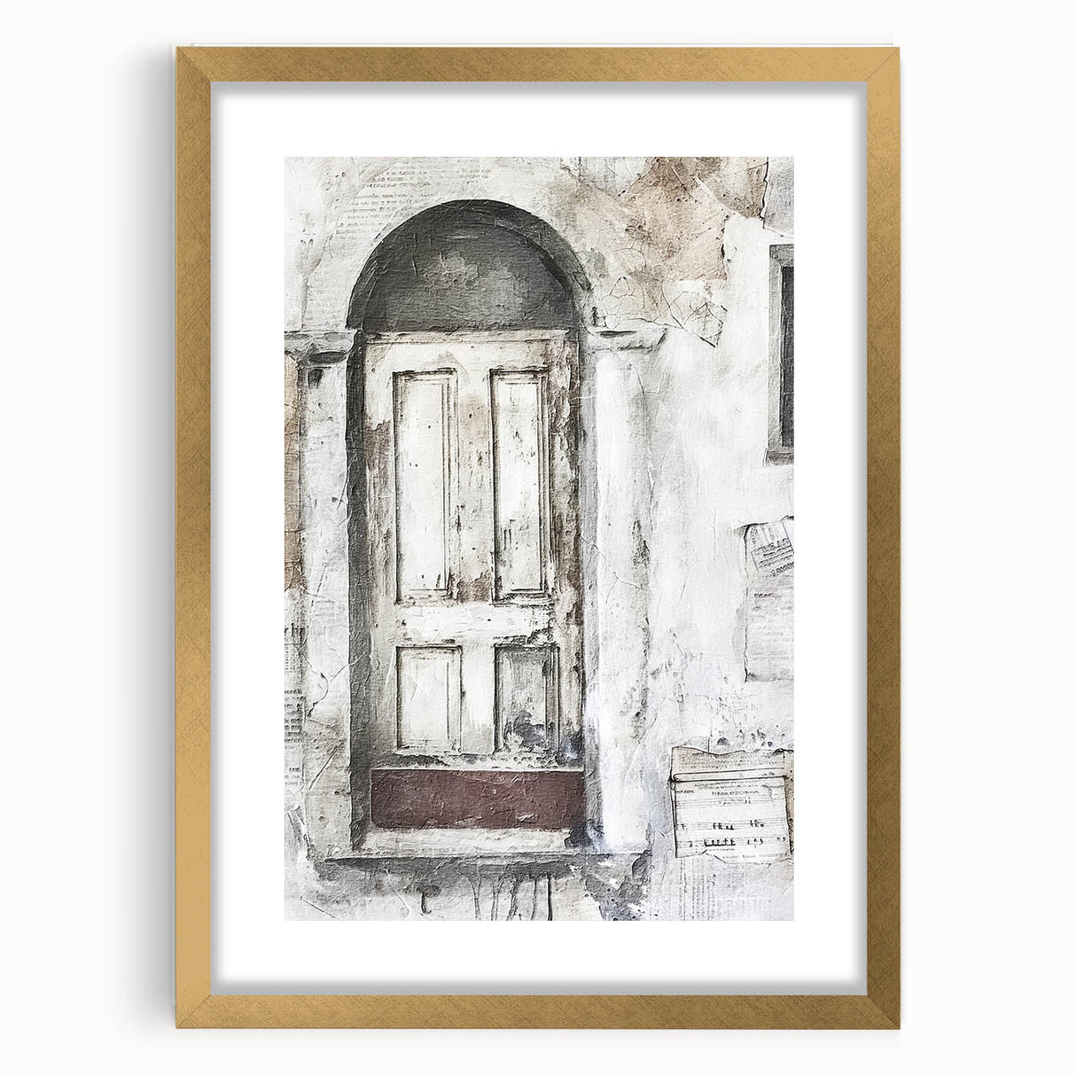 Extra large abstract art print featuring a rustic Italian door design in earthy tones on a textured canvas.