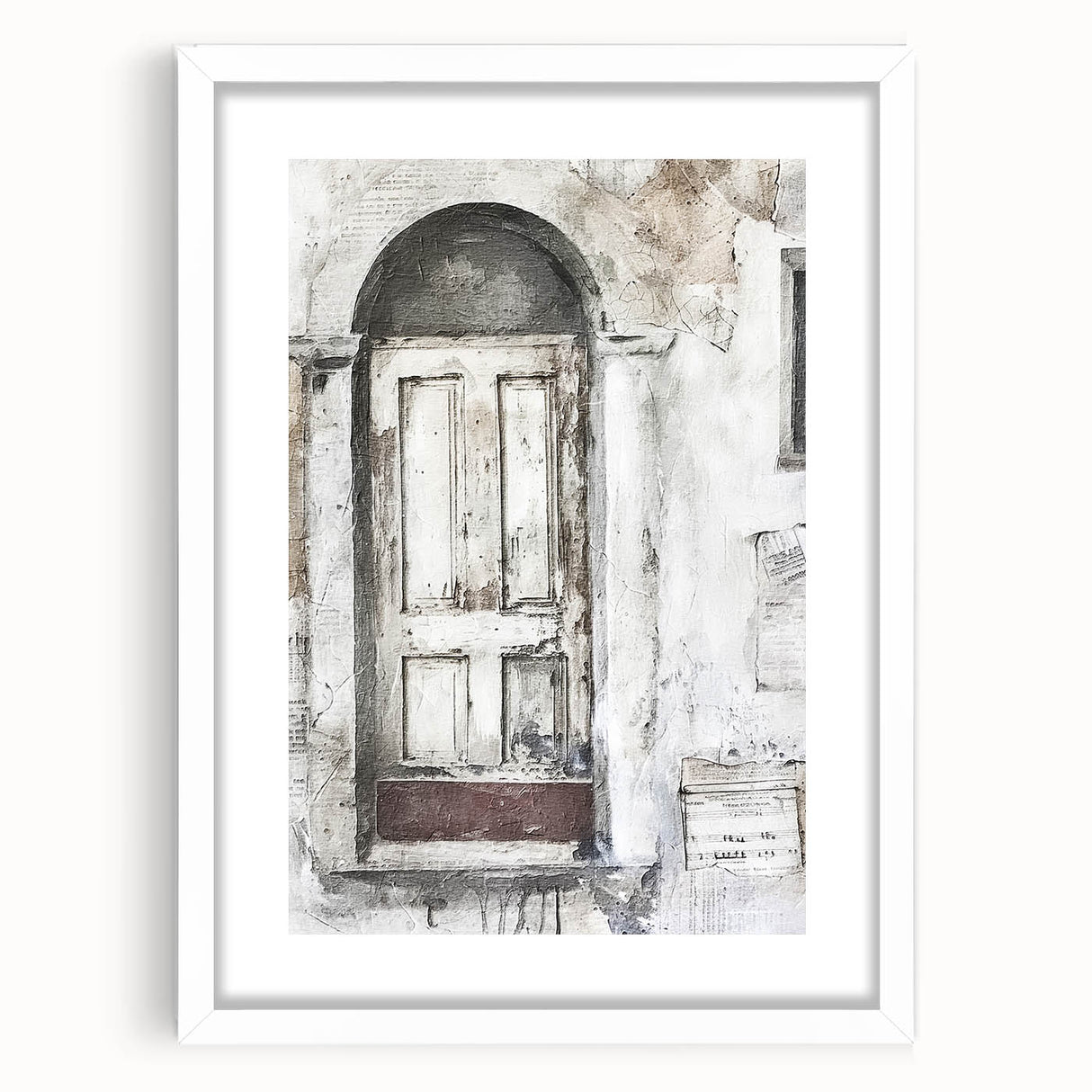Rustic Italian door design in muted earth tones on a framed canvas, suitable for dining room decor.