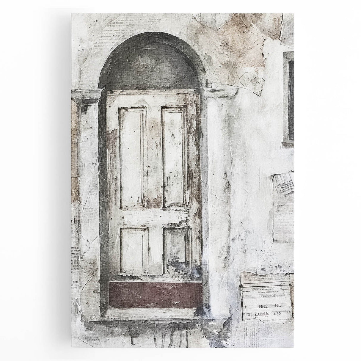 Black and white photo of a rustic Italian door on stretched canvas, suitable as kitchen wall art.