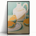 Large abstract wall art featuring assorted fruits in bright colors on a black acrylic framed print.