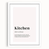 Abstract art print depicting assorted culinary items in vibrant colors on a white framed poster, ideal for dining room decor.