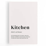 Large black and white stretched canvas featuring assorted kitchen utensils, ideal for kitchen wall art.