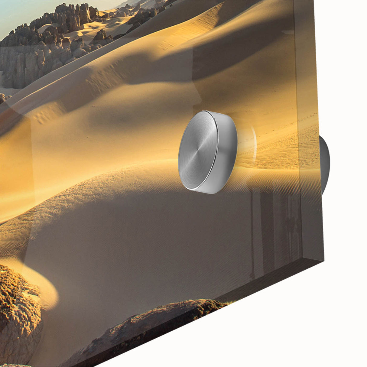 Large abstract wall art featuring a mid-century modernist Algerian landscape in muted earth tones, printed on acrylic glass.